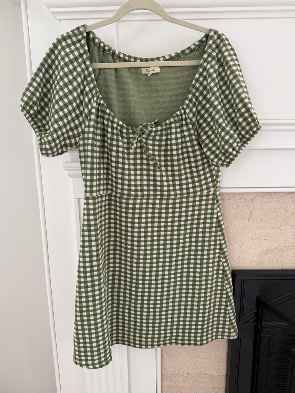 Madewell Olive Green Gingham Relaxed Preppy Cottagecore Fall Tie-Front Dress